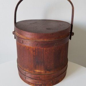 Antique Wooden Firkin Sewing Bucket w/Lid & Shelf